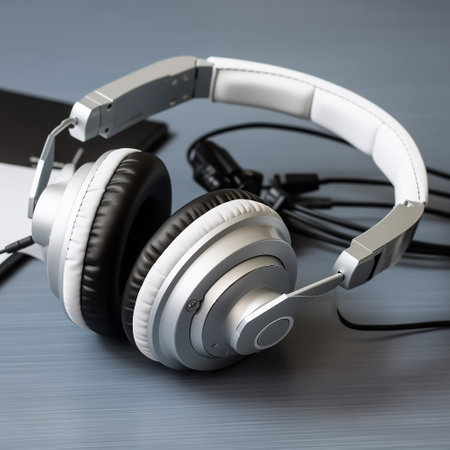 White headphones background on the blue close up. Listening to music conceptの素材