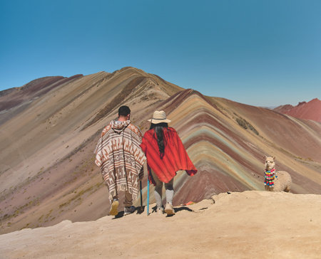 Couple enjoying in Rainbow Mountain, Peru South Americaの写真素材