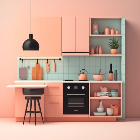 Kitchen interior with living coral color wall on living, 2dの素材