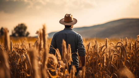 Agricultural concept. Ripe crop panorama. Cereal and sunset. Yellow colors above rich field.の素材
