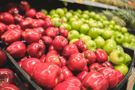 The counter with fresh fruit and vegetables in the supermarket.の写真素材
