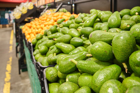 The counter with fresh fruit and vegetables in the supermarket.