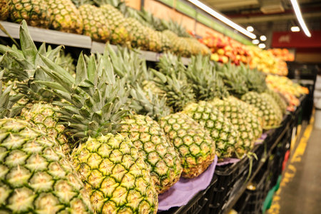 The counter with fresh fruit and vegetables in the supermarket.の写真素材
