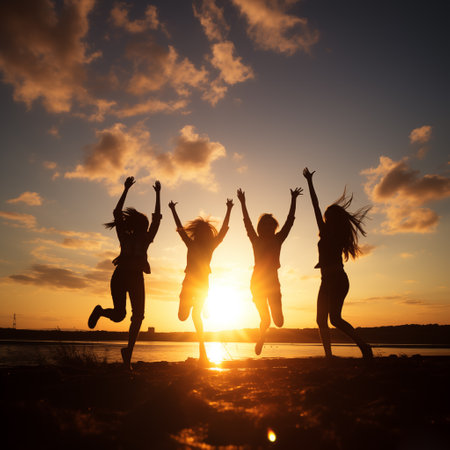 Friends jumping on sandy beach at idyllic sunset. Success concept, Hello summer conceptの素材