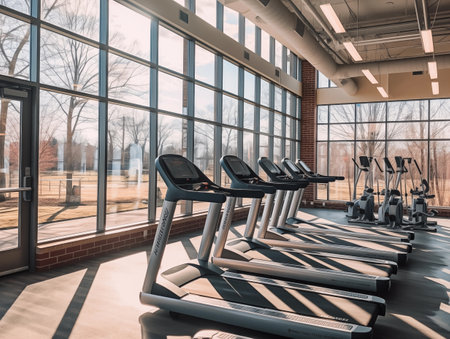 Equipment And Machines At The Empty Modern Gym Room. Fitness Center. Toned image.の素材