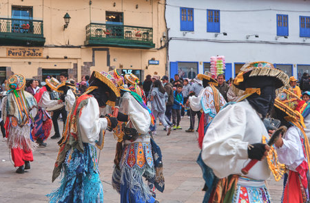 Cusco, Peru. June 25, 2023. parade of typical dances in the cathedral of Cusco by the Inti Raymi.のeditorial素材