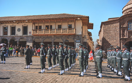 Cusco, Peru - June 25, 2023: Military civic parade prior to the inti raymi. Holidays of the Inca culture, marching through the city streets Cusco.のeditorial素材