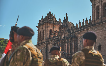 Cusco, Peru - June 25, 2023: Military civic parade prior to the inti raymi. Holidays of the Inca culture, marching through the city streets Cusco.のeditorial素材