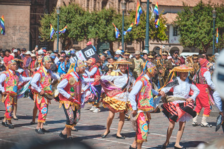 Cusco, Peru. June 25, 2023. parade of typical dances in the cathedral of Cusco by the Inti Raymi.のeditorial素材