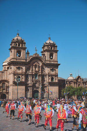 Cusco, Peru. June 25, 2023. parade of typical dances in the cathedral of Cusco by the Inti Raymi.のeditorial素材