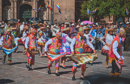 Cusco, Peru. June 25, 2023. parade of typical dances in the cathedral of Cusco by the Inti Raymi.のeditorial素材