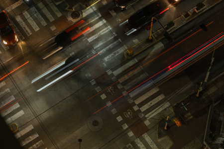 aerial top view Street traffic timelapse of traffic on the road. Blurred cars light trails.