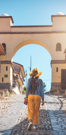 Young woman traveler in brown hat walks through of old city. Copy space. Stepping Into Another World. Historical Tourism Concept.の写真素材