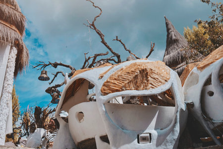 The turtle is made of white and brown materials and has a unique designの写真素材