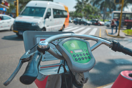 A bike with a green screen that says, rental bikes, bike tourism conceptの写真素材