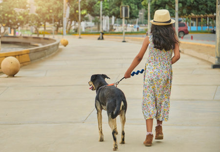 A young girl is walking her dog on a sidewalk. Summer timeの写真素材
