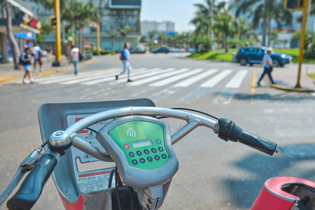 A bike with a green handlebar and a green screen rental bikes, green tourism conceptの写真素材