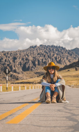 Girl sitting on the andes route in Huayllay Stone Forest, Peru. Traveling through the peruvian andes.の写真素材