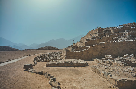 The ancient archaeological site of Caral, near Supe, Barranca Province, Peru. Caral is a UNESCO world heritage site and considered to be the oldest city in the Americas.の写真素材