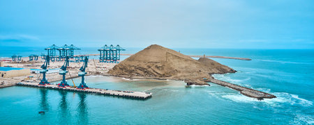 Chancay seaport. Located in Peru, Mega port under construction, future maritime hub of South America. Chancay Lima, Peru.の写真素材