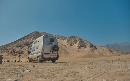 Camper in archaeological site of Caral, near Supe, Barranca Province, Peru. Caral is a UNESCO world heritage site and considered to be the oldest city in the Americas.の写真素材
