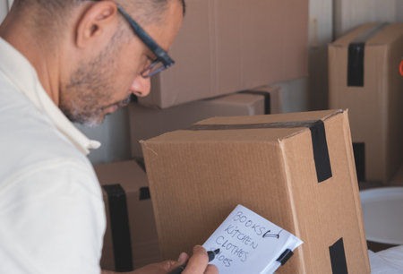 A man is writing on a box with a list of items to be packed. New home concept.