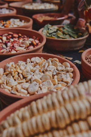 Various dried spices, andean cereals and grains in small bowls and raw herbs.の写真素材