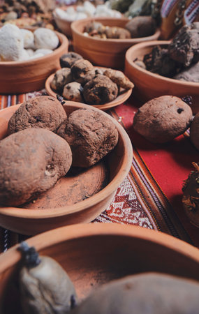 Potato, sweet potato and dried tubers with ancestral Andean techniques. Close up, Grains such as beans.の写真素材