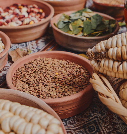 Various dried spices, andean cereals and grains in small bowls and raw herbs.の写真素材