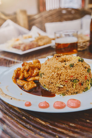 Traditional peruvian quinoa quinua chaufa and chicken, Foodの写真素材