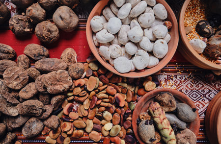 Potato, sweet potato and dried tubers with ancestral Andean techniques. Close up, Grains such as beans.の写真素材