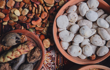 Potato, sweet potato and dried tubers with ancestral Andean techniques. Close up, Grains such as beans.の写真素材