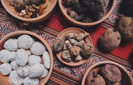 Potato, sweet potato and dried tubers with ancestral Andean techniques. Close up, Grains such as beans.の写真素材