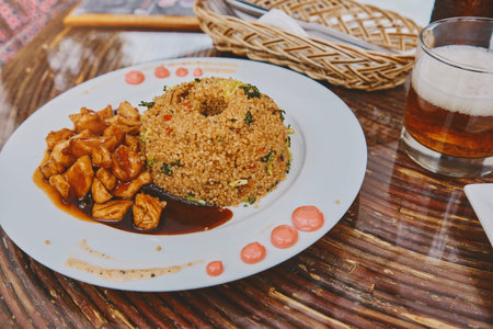 Traditional peruvian quinoa quinua chaufa and chicken, Foodの写真素材