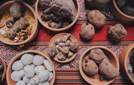 Potato, sweet potato and dried tubers with ancestral Andean techniques. Close up, Grains such as beans.の写真素材