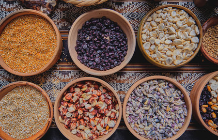 Various dried spices, andean cereals and grains in small bowls and raw herbs, andean peruvian cultureの写真素材