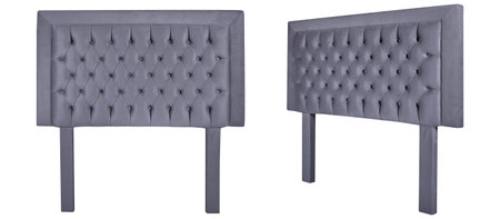 Elegant tufted upholstered headboard with nailhead trim in gray fabric. Isolated headboardの写真素材