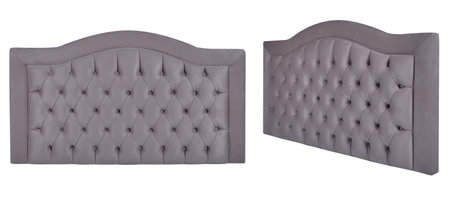 Elegant tufted upholstered headboard with nailhead trim in gray fabric. Isolated headboardの写真素材