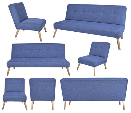 Modern blue upholstered sofa and armchair set, isolated on whiteの写真素材
