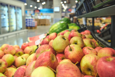 Granadilla and apple on display in a wholesale supermarketの写真素材