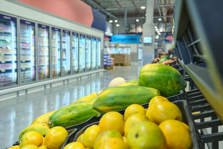Fresh fruit papaya display in a wholesale supermarketの写真素材