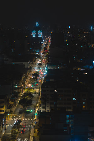 Night traffic flowing in Lima, Peru. In the district of Magdalena del marの写真素材