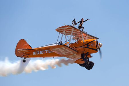 Avalon, Australia - March 2, 2013: Vintage Boeing Stearman biplane of the Breitling Wing Walkers.