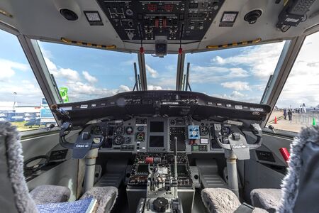 Avalon, Australia - February 28, 2013: Cockpit of Casa C-212 twin engine transport aircraft VH-VHB operated by Sky Traders.のeditorial素材