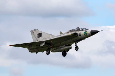 RAF Waddington, Lincolnshire, UK - July 6, 2014: Swedish Air Force Historic Flight Saab Sk35C Draken...