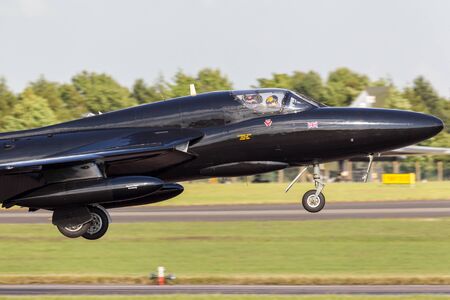 RAF Waddington, Lincolnshire, UK - July 6, 2014: Former Royal Air Force (RAF) Hawker Hunter T.7A...