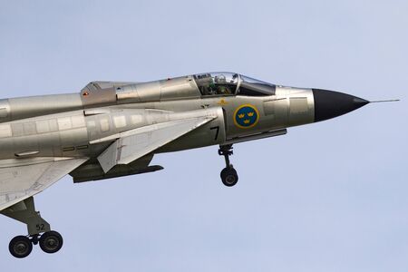 RAF Waddington, Lincolnshire, UK - July 6, 2014: Swedish Air Force Historic Flight Saab AJS-37...