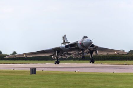 RAF Waddington, Lincolnshire, UK - July 6, 2014: Former Royal Air Force (RAF) Avro Vulcan B.2 bomber aircraft XH558 operated by the Vulcan to the Sky trust at the 2014 RAF Waddington Airshow.のeditorial素材