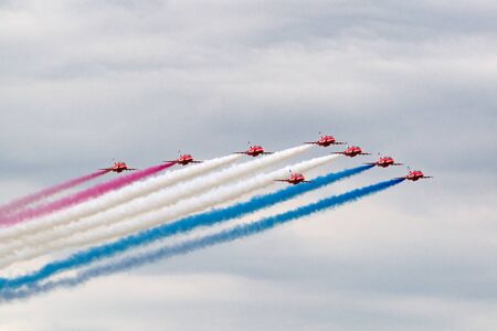 RAF Waddington, Lincolnshire, UK - July 6, 2014: Royal Air Force (RAF) Red Arrows formation...