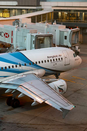 Singapore - August 26, 2014: Bangkok Airways Airbus A319-132 airliner HS-PGT at the gate at Changi...